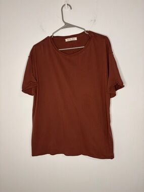 Free People We The Free Brown Short Sleeve Cotton Tee Slouchy Boxy Raw Hem Sz M